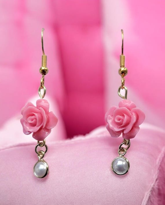 Pink Rose Earrings w/Pearl Drop