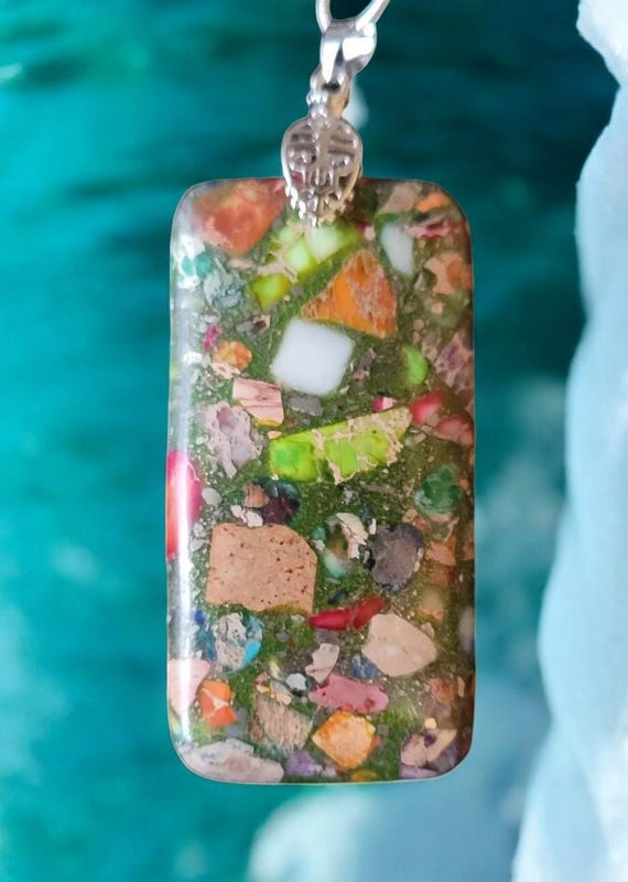Mardi Gras (Mixed Impression) Jasper - Rectangle 30x60mm w/22" Silver Plated Chain