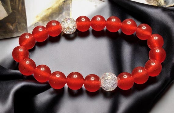 6 1/2" Red Jade/White Quartz Stretch Bracelet