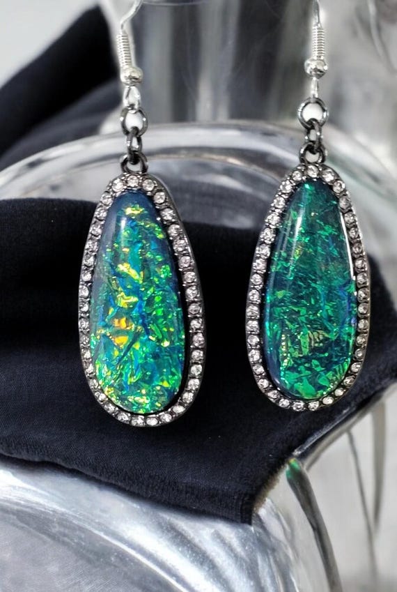 Plated Hematite Oval Iridescent Rhinestone Earrings