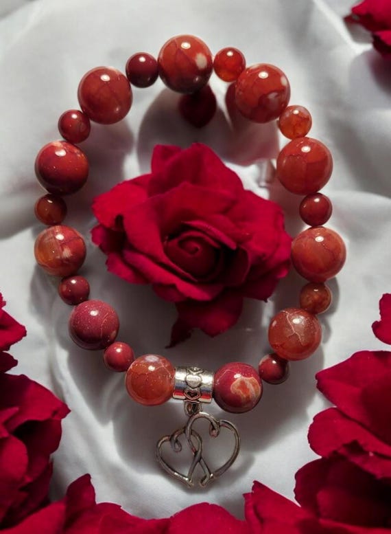 7" Cherry Red Fire Agate (10mm)/Cherry Red Fire Agate (6mm) w/Silver Tone Locking Hearts Charm