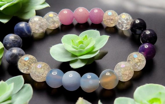 6 1/2" Purple Agate(8mm) Blue Agate(8mm) Brazilian Sodalite(8mm) Lavender Agate(8mm) White Quartz (8mm)