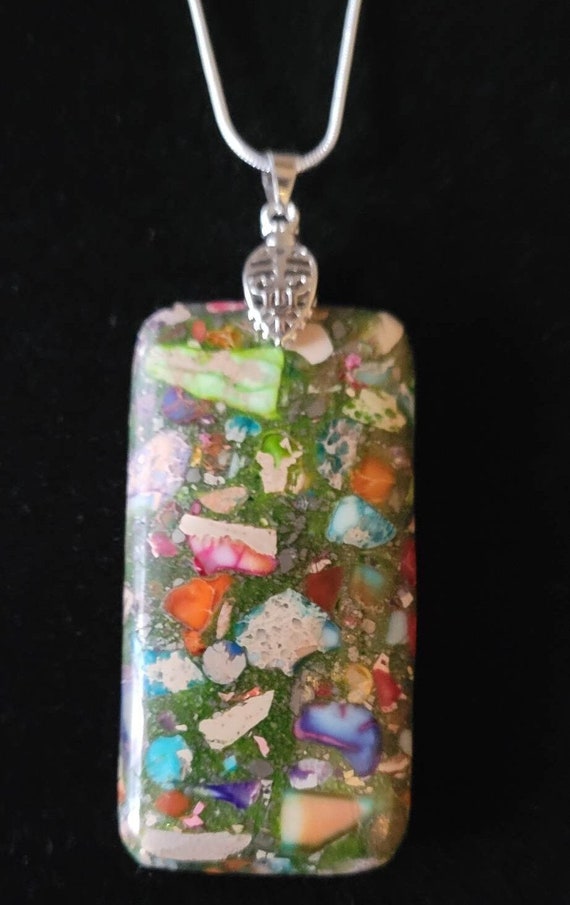 Mardi Gras (Mixed Impression) Jasper - Rectangle 30x60mm w/22" Silver Plated Chain