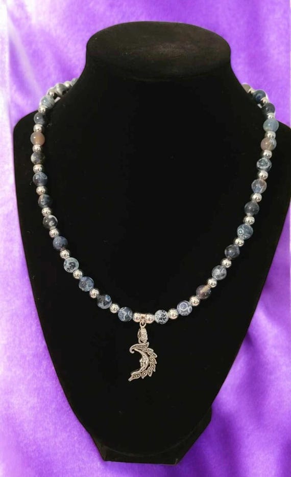 18" Midnight Sky Agate w/Moon Charm Necklace (Silver Tone)