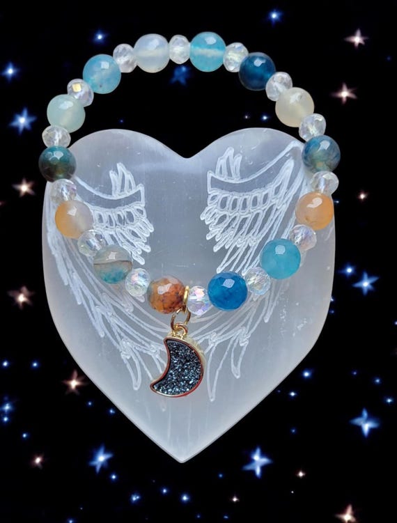 7" Blue Haze Fire Agate (8mm) & Crystal Stretch Bracelet w/Cresent Moon Charm
