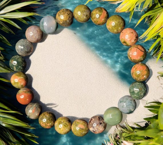 6 1/2" Unakite (8mm) and Fancy Jasper - Faceted (8mm) Stretch Bracelet
