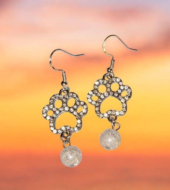 Paw Print Rhinestone and Clear Crackle Quartz Earrings - Silver Tone