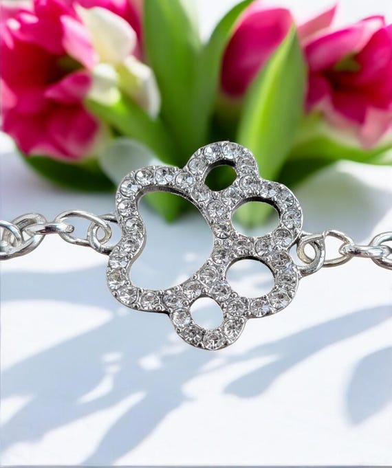 Silver Tone Adjustable Rhinestone Paw Print Bracelet