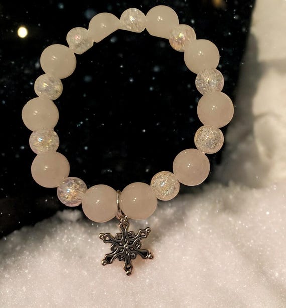 6 1/2" White Jade (10mm)/White Quartz (8mm) Stretch Bracelet w/Snowflake Charm
