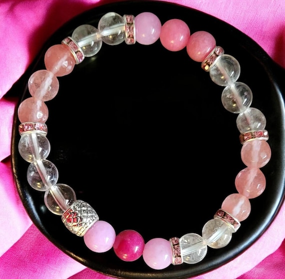 7 1/2" Jade, Rock Crystal and Cherry Quartz (Faceted) Stretch Bracelet
