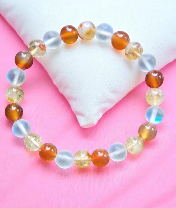 7 1/2" Carnelian/Citrine/Glass Moonstone Stretch Bracelet