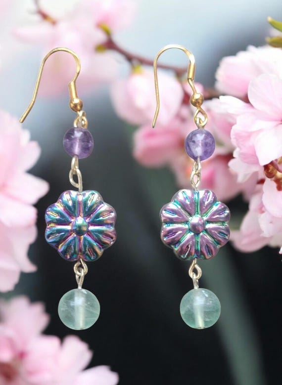 Rainbow Fluorite/Amethyst & Metallic Flower Earrings