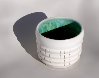 handmade white ceramic pot planter ceramic plant pot turquoise craquelee inside with garfish pattern and hand-drawn lines