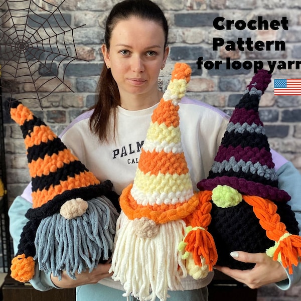Halloween gnome crochet pattern ahd Halloween witch pattern, Crochet Gnome pillow, Halloween crochet throw pillow pattern, Loop yarn pattern