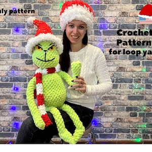 Christmas Grinch crochet pattern for loop yarn, Crochet Christmas throw pillow plush pattern, Christmas diy, Loop yarn pattern