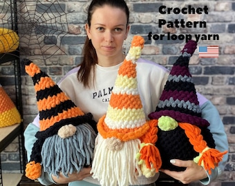 Halloween gnome crochet pattern ahd Halloween witch pattern, Crochet Gnome pillow, Halloween crochet throw pillow pattern, Loop yarn pattern