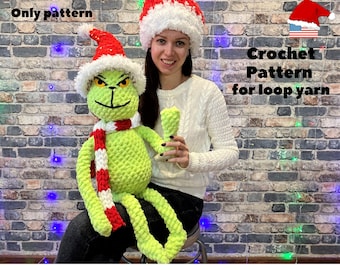 Christmas Grinch crochet pattern for loop yarn, Crochet Christmas throw pillow plush pattern, Christmas diy, Loop yarn pattern