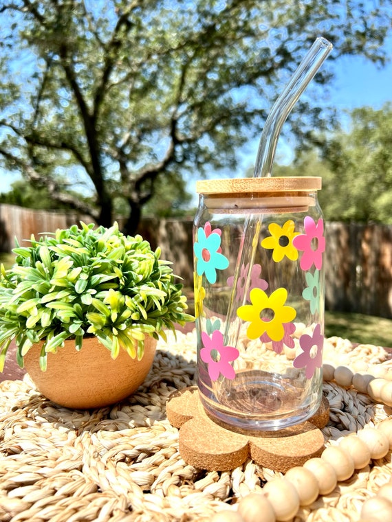 Daisy Cup Iced Coffee Cup Glass Retro Flower Glass Jar Daisy