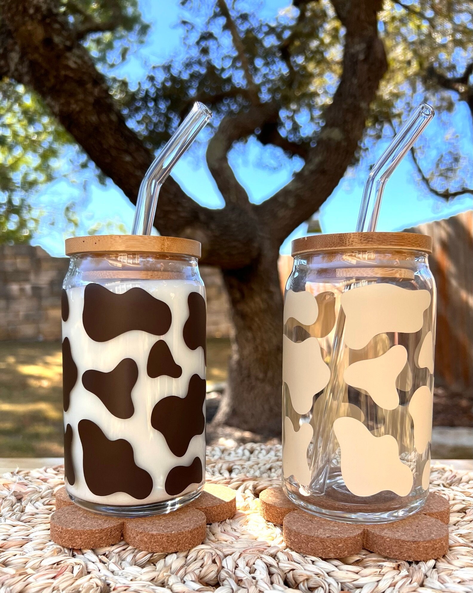Cow Print Can Glass Cup, Iced Coffee Glass, Glass Coffee Cup