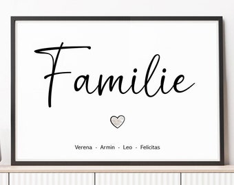 Poster di famiglia con cuore · Immagine di famiglia personalizzata · Arte murale di famiglia con nomi · Regalo di famiglia, in bianco e nero