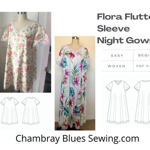 Flora Flutter Sleeve Night Gown PDF Sewing Pattern