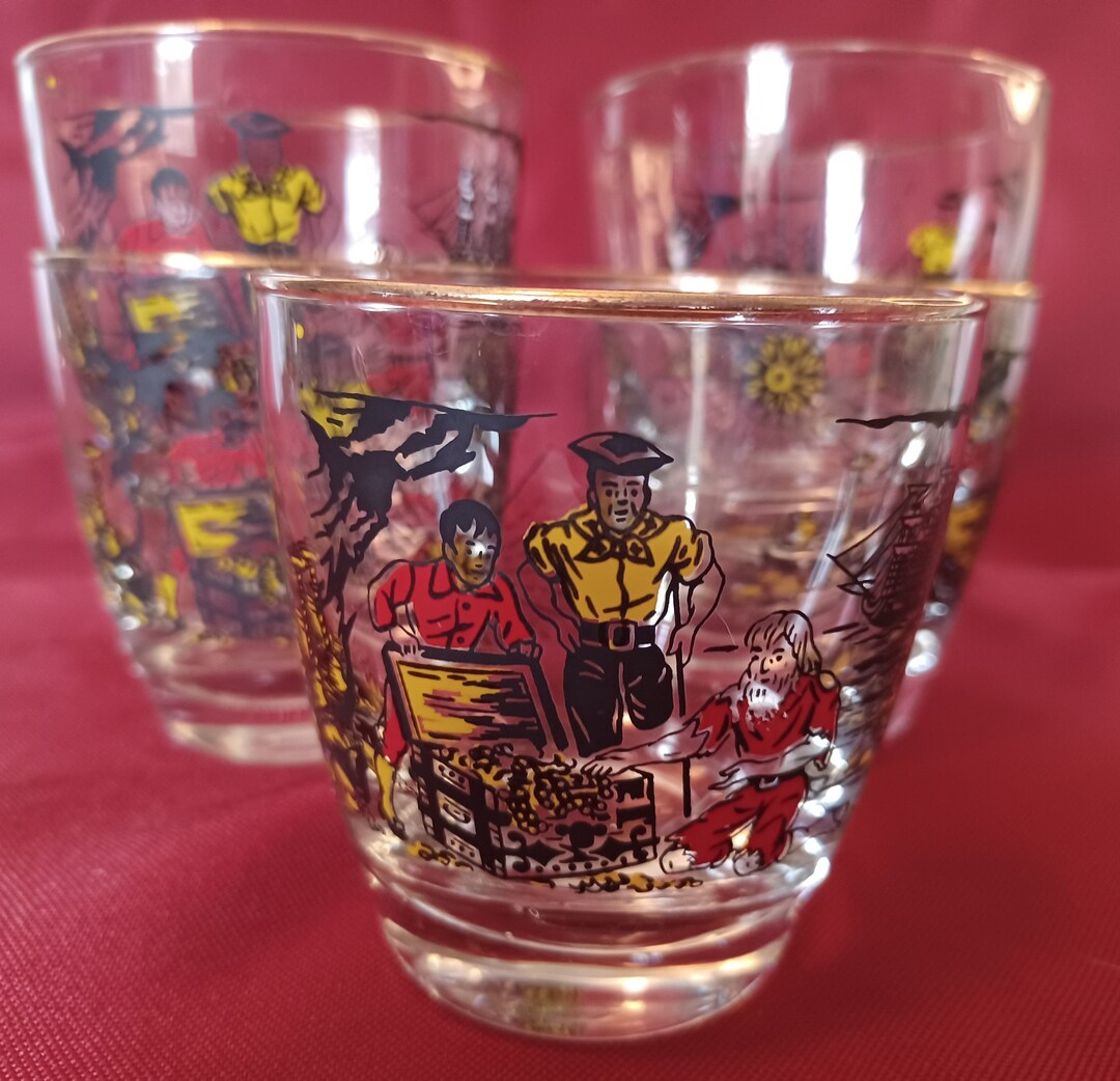 Midcentury Vintage Set of 5 Libbey Gold Rimmed Treasure Island Motif ...