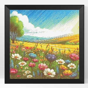 Patrón de punto de cruz digital de paisaje de campo primaveral, patrón de punto de cruz floral de primavera, patrón PDF, descarga instantánea, paisaje