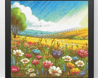 Puede incluir: Una pintura colorida de un campo de flores silvestres en un paisaje rural. El cielo es azul con nubes blancas y el campo es verde con flores amarillas.