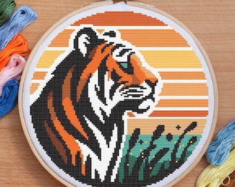 Patrón de punto de cruz digital de tigre, descarga en PDF, patrón de punto de cruz de animales salvajes, patrón de punto de cruz de grandes felinos, punto de cruz de tigre