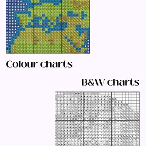 May include: A black and white cross-stitch pattern chart with symbols for a design featuring a blue, green, and brown landscape. The chart is labelled "B&W charts".