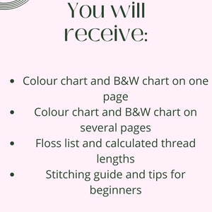 May include: A pink and white graphic with green text that reads "You will receive:" followed by a list of four bullet points: "Colour chart and B&W chart on one page", "Colour chart and B&W chart on several pages", "Floss list and calculated thread lengths", and "Stitching guide and tips for beginners".