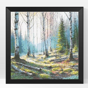 Patrón de punto de cruz digital de paisaje de bosque primaveral, patrón de punto de cruz floral de primavera, patrón PDF, descarga instantánea, paisaje