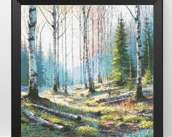Puede incluir: Una pintura de un bosque de abedules con la luz del sol que se filtra a través de los árboles. El suelo está cubierto de hierba verde y hojas caídas. Hay algunos troncos tirados en el suelo.