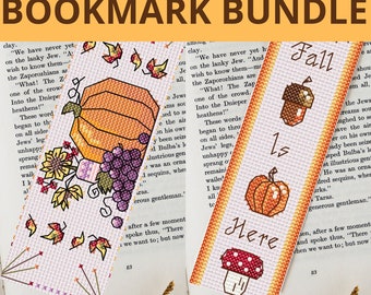 AUTUMN BOOKMARK BUNDLE digital cross stitch pattern, pumpkin grapes autumn pattern, fall cozy cross stitch bundle, fall bookmark pattern