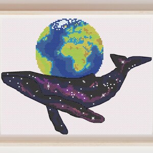 Earth and whale space digital cross stitch pattern PDF, whale animal cross stitch, planet star pattern, abstract space universe cross stitch