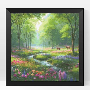 Patrón de punto de cruz digital de paisaje de bosque primaveral, patrón de punto de cruz floral de primavera, patrón PDF, descarga instantánea, paisaje