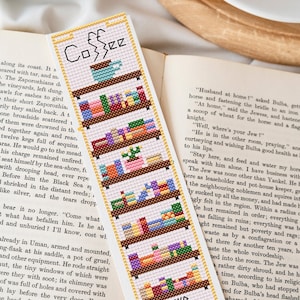 Coffee and books digital cross stitch pattern, PDF download, bookshelf cross stitch bookmark pattern, coffee bookmark pattern, reading gift