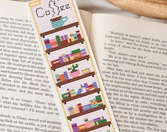 Coffee and books digital cross stitch pattern, PDF download, bookshelf cross stitch bookmark pattern, coffee bookmark pattern, reading gift