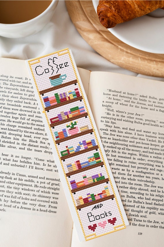 Coffee and books digital cross stitch pattern, PDF download, bookshelf cross stitch bookmark pattern, coffee bookmark pattern, reading gift
