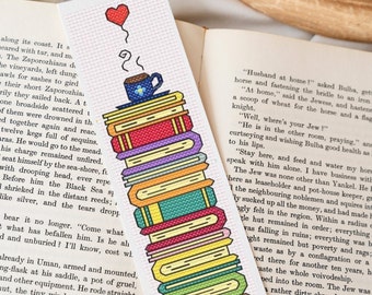 Coffee with books digital cross stitch pattern, cozy bookmark pattern,  PDF pattern, bookmark cross stitch, coffee book reading cross stitch