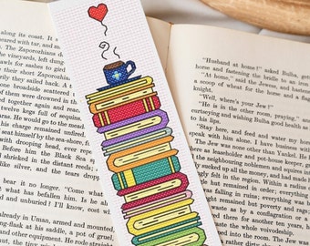 Coffee with books digital cross stitch pattern, cozy bookmark pattern, instant PDF download, book lover gift, reading gift