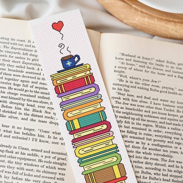Coffee with books digital cross stitch pattern, cozy bookmark pattern, instant PDF download, book lover gift, reading gift
