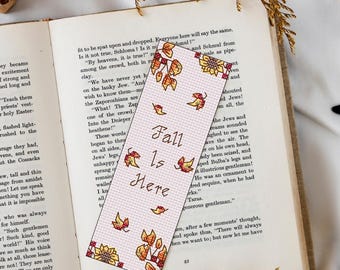 Fall Is Here digital bookmark cross stitch pattern, autumn falling leaves bookmark, PDF download, autumn fall bookmark cross stitch pattern