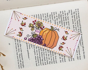 Autumn bookmark digital cross stitch pattern, pumpkin grapes autumn PDF pattern, fall autumn cozy cross stitch pattern, cozy bookmark, DIY