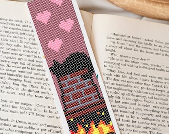 Modèle numérique de point de croix de chat de cheminée, modèle confortable de signet, téléchargement instantané de PDF, signet de point de croix, livres de café de cheminée de chat