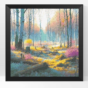 Patrón de punto de cruz digital de paisaje de bosque primaveral, patrón de punto de cruz floral de primavera, patrón PDF, descarga instantánea, paisaje