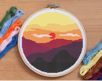 Sunset mountains digital cross stitch pattern, instant PDF download, sunset landscape pattern, cross stitch sunset mountains landscape