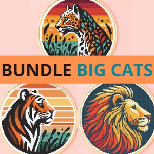 BIG CATS BUNDLE デジタル クロスステッチ パターン、インスタント PDF ダウンロード、動物パターン、大きな猫、ヒョウ、トラ、ライオン クロスステッチ パターン PDF
