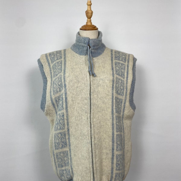 Vintage Scandinavian Knit Quilted Blue and White Wool Vest