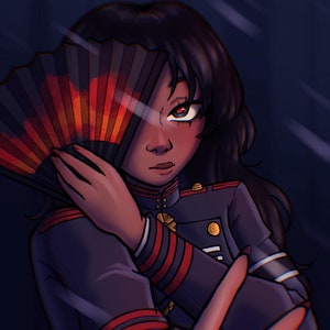 Puede incluir: Ilustración digital de una persona con una chaqueta azul oscuro de estilo militar con detalles en rojo y dorado, sosteniendo un abanico. El abanico tiene un degradado de naranja y rojo. La persona está haciendo un signo de la paz con su mano.